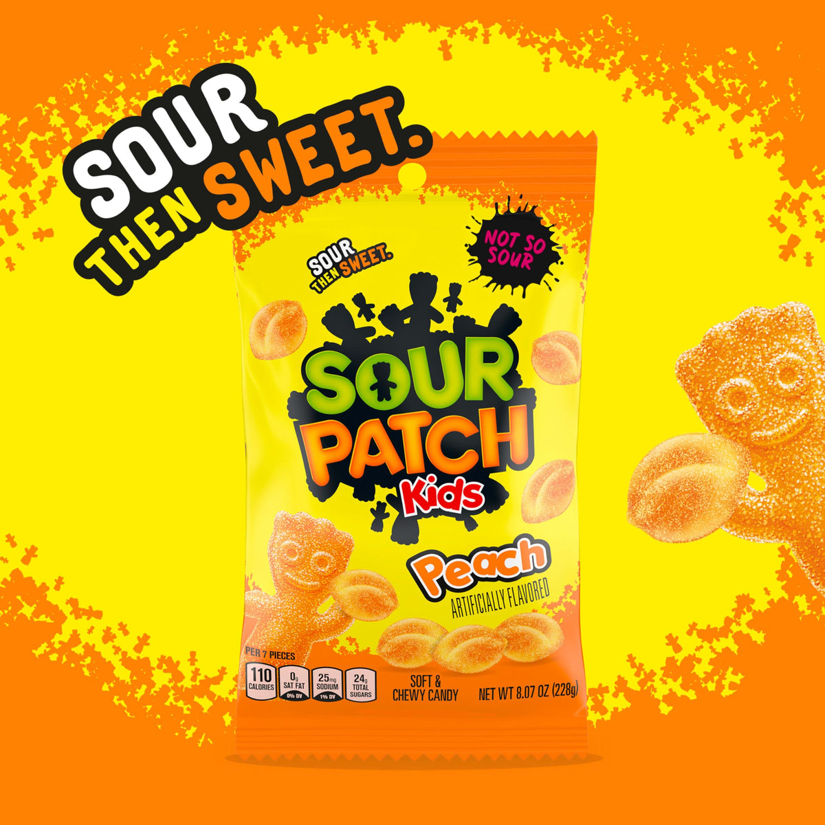 Sour Patch Kids Peach shaped candy ideal for snack bowls and celebrations.