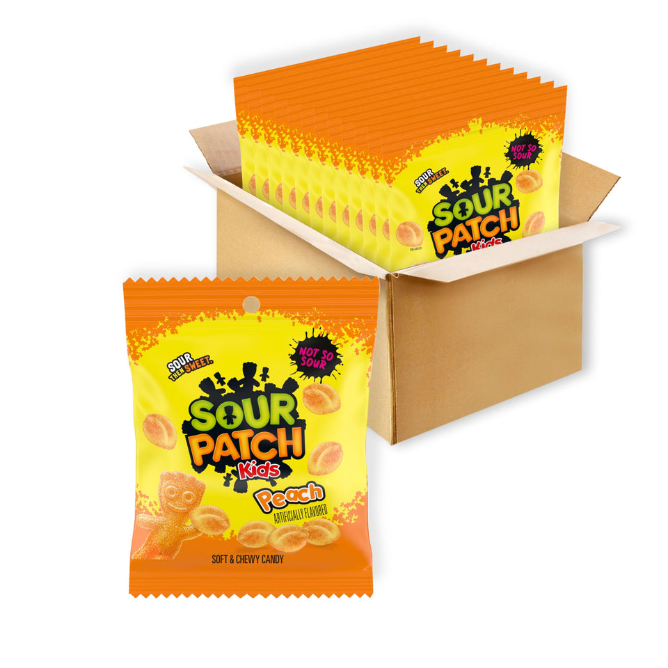 Sour Patch Kids Peach soft and chewy candy in bulk bags for sharing.