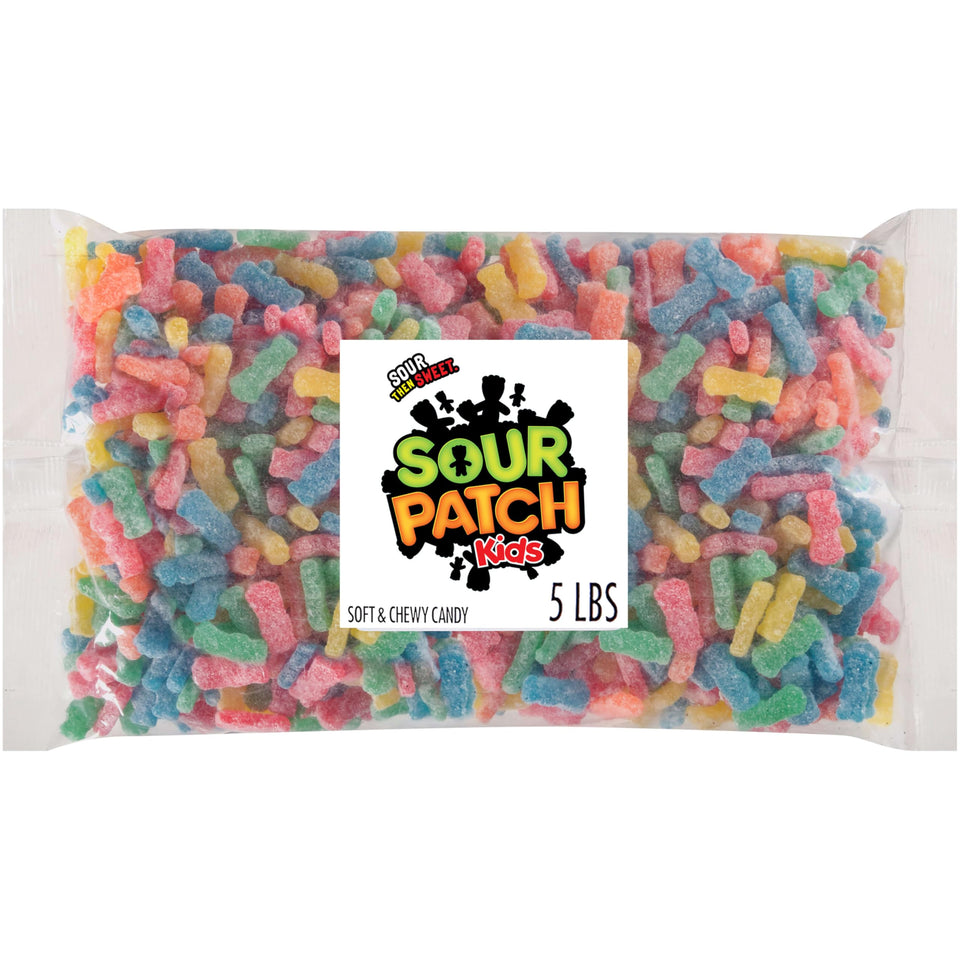 Sour Patch Kids soft and chewy candy in a 5 lb bag for bulk snacking.