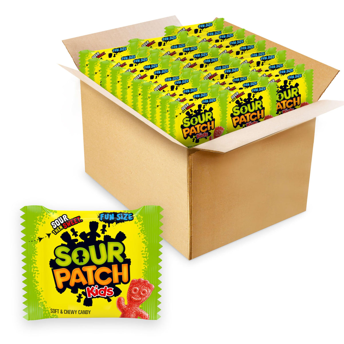 Sour Patch Kids soft and chewy candy bag packaging for bulk snacking.