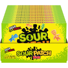 SOUR PATCH KIDS boxes front view, showcasing soft, chewy candy for quick snacking.