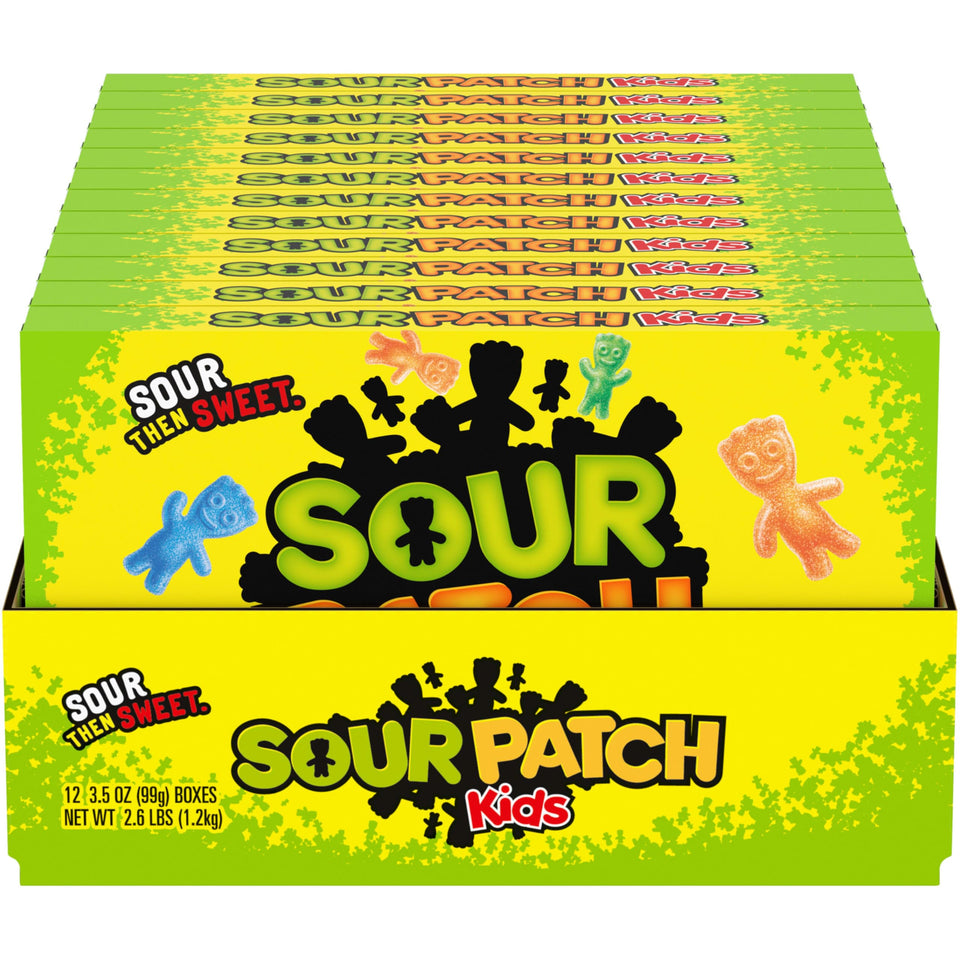 SOUR PATCH KIDS boxes front view, showcasing soft, chewy candy for quick snacking.