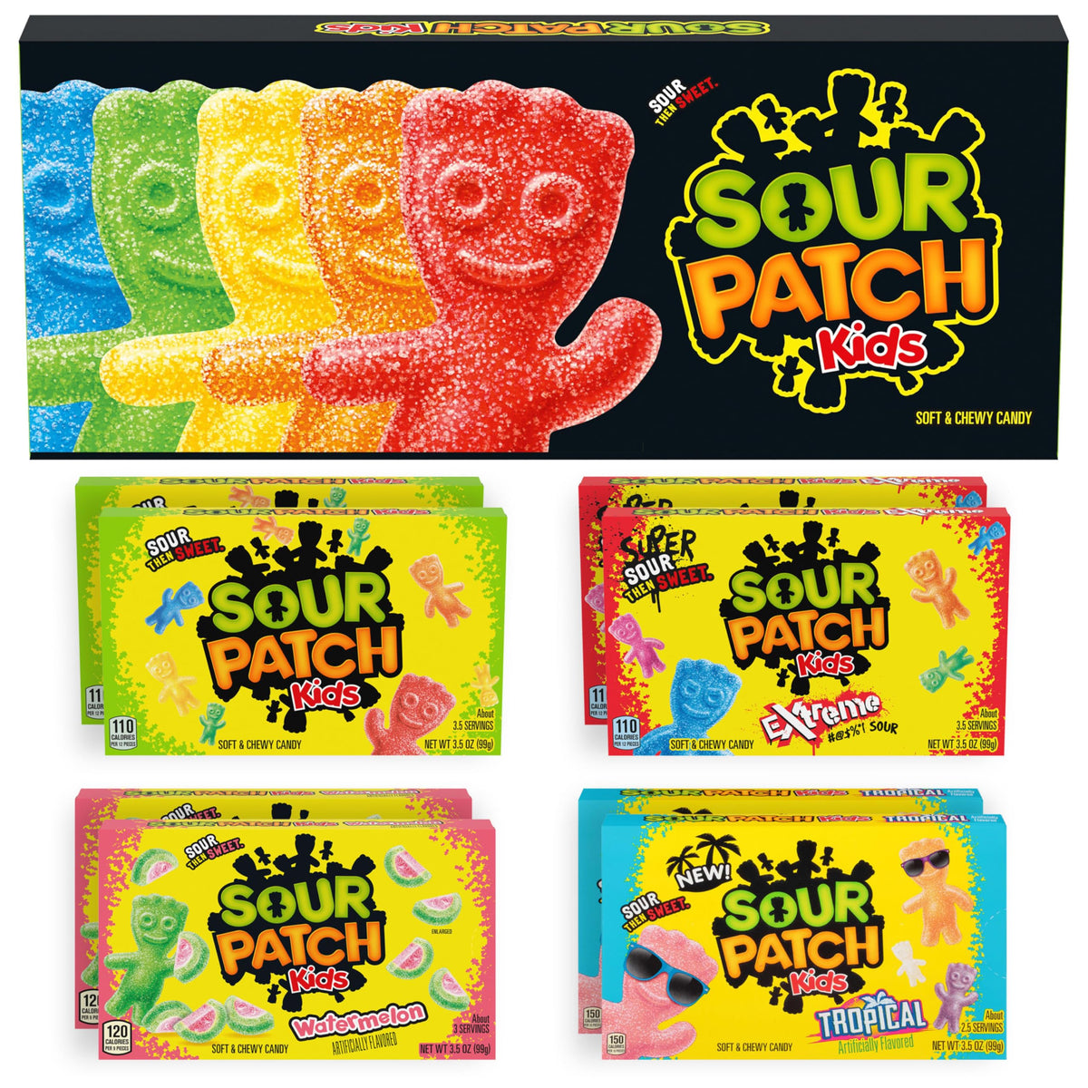 Sour Patch Kids Soft & Chewy Variety Box front view, gift-ready for movie nights
