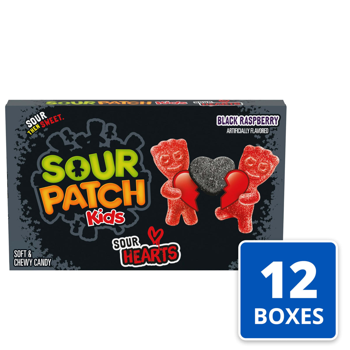 Sour Patch Kids Sour Hearts Black Raspberry box back, bulk packaging for celebrations.