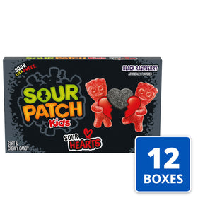 Sour Patch Kids Sour Hearts Black Raspberry box back, bulk packaging for celebrations.