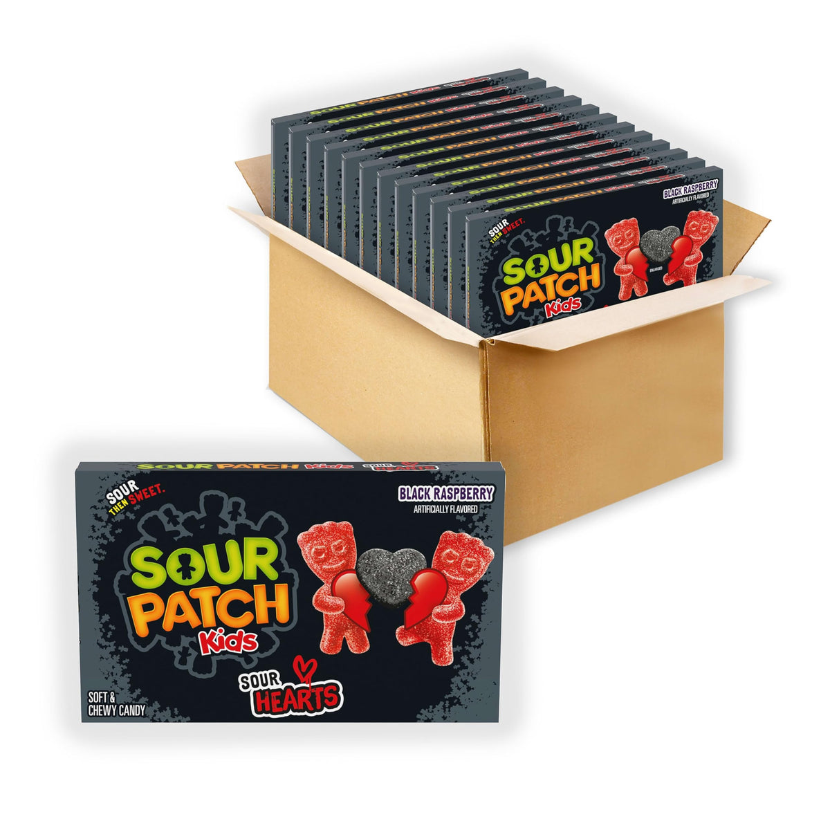 Sour Patch Kids Sour Hearts Black Raspberry box front, ideal for gifting on Valentine’s Day.