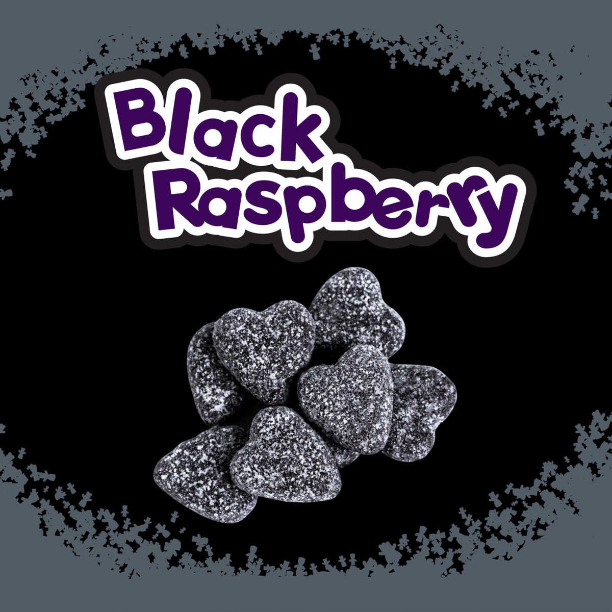 Sour Patch Kids Sour Hearts Black Raspberry chewy texture closeup with tangy-to-sweet taste.