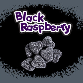 Sour Patch Kids Sour Hearts Black Raspberry chewy texture closeup with tangy-to-sweet taste.