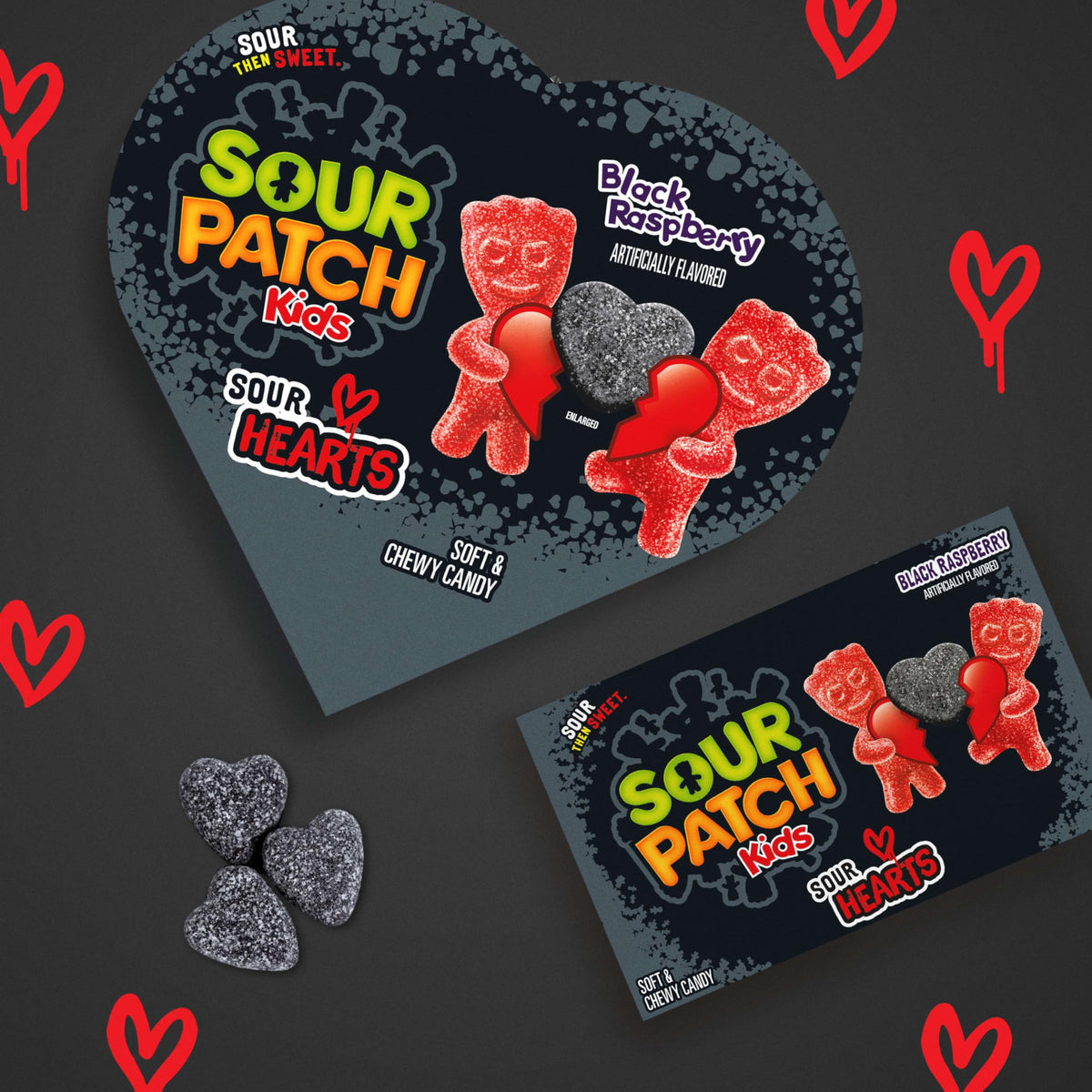 Sour Patch Kids Sour Hearts Black Raspberry gift-ready box, ready for giving.