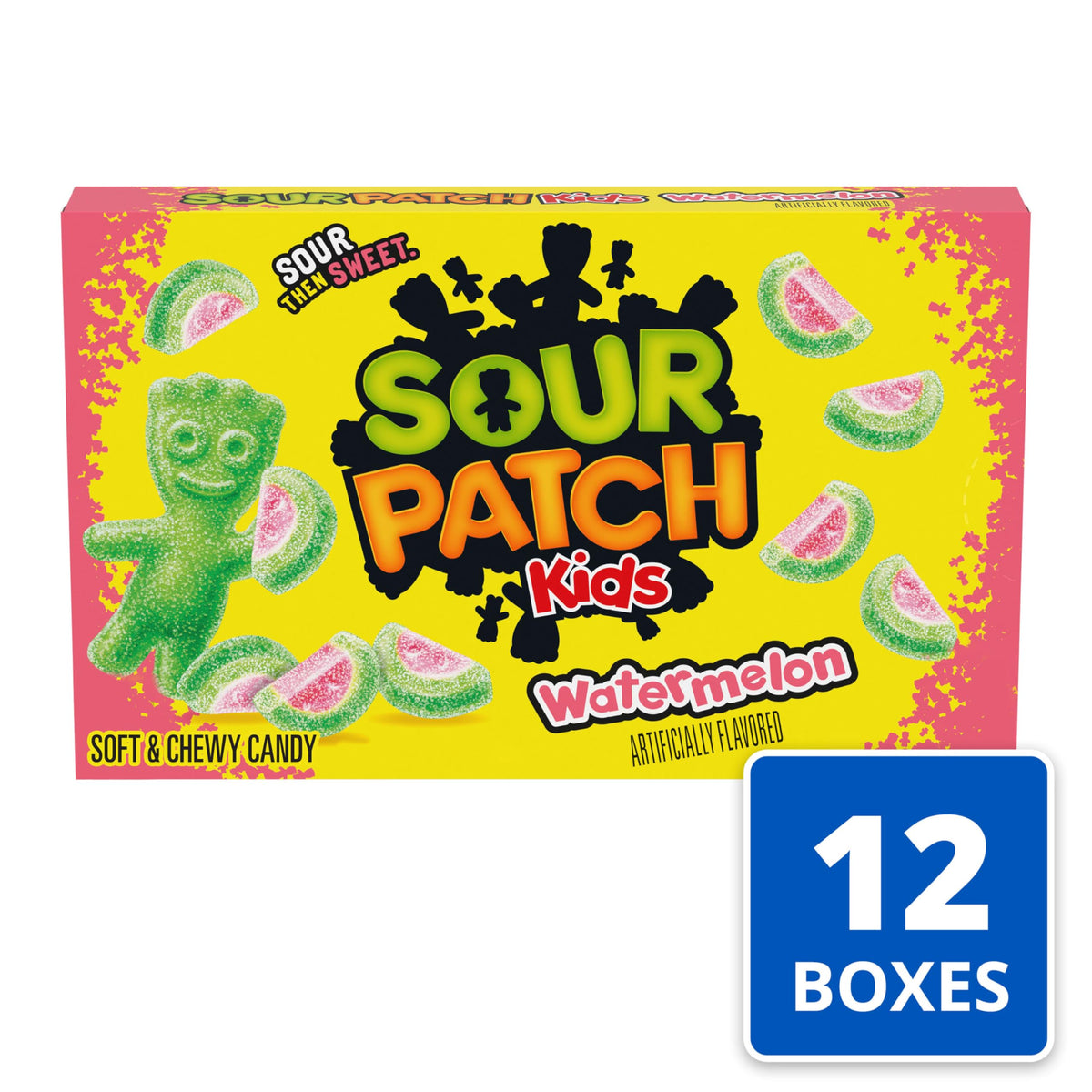 Bright pink and green Sour Patch Kids Watermelon colors ready to snack