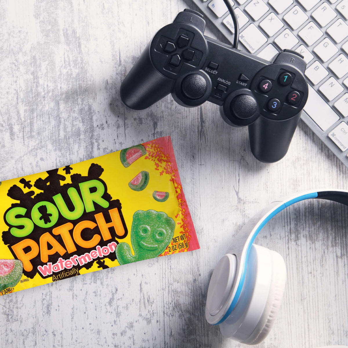 Sour Patch Kids Watermelon slices on a kitchen counter.