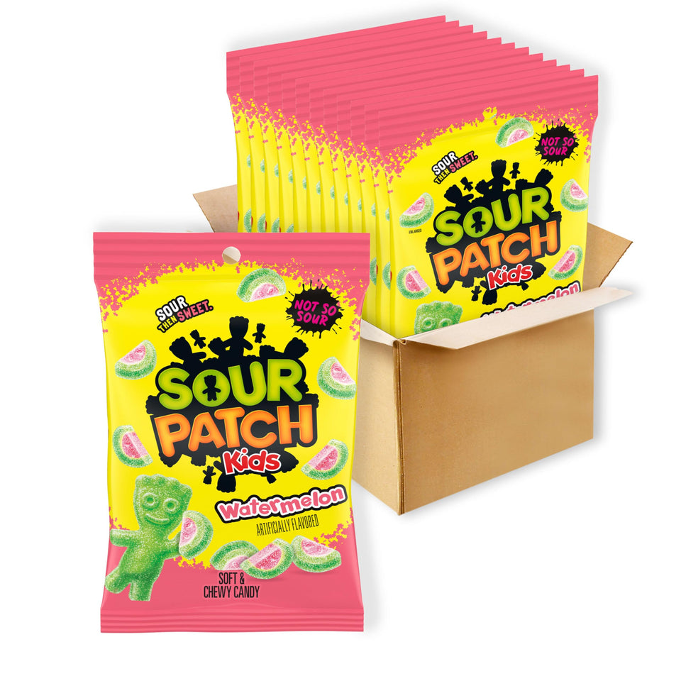 SOUR PATCH KIDS Watermelon slices bag highlights soft, chewy texture for quick snacking.