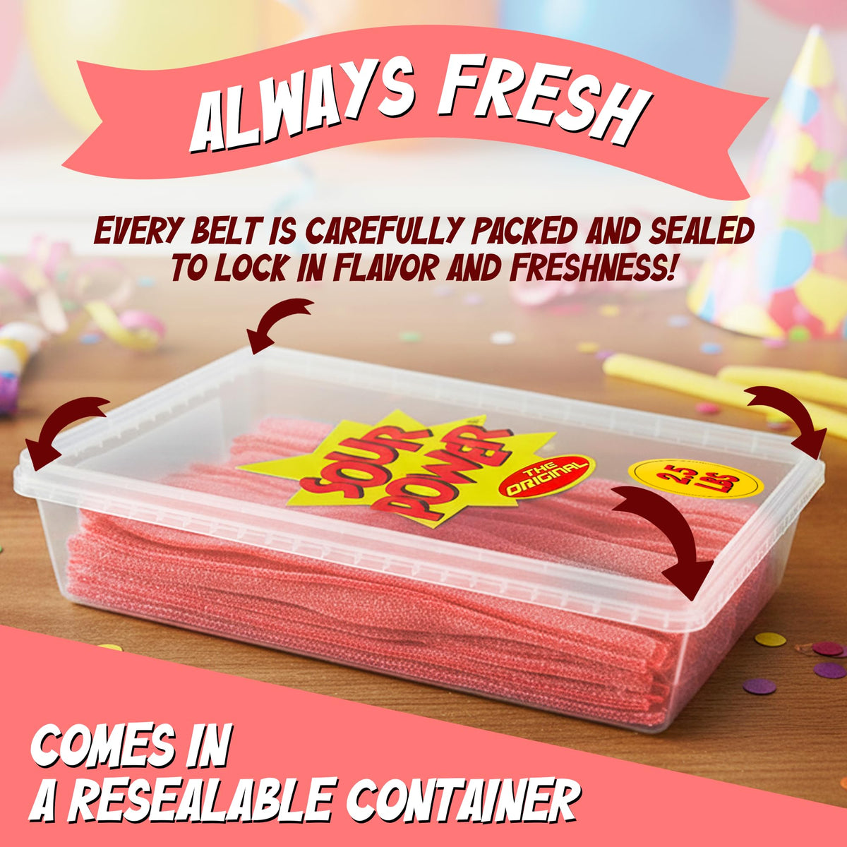 Sour Power 2-5lb bulk tub with tongs ready for parties and events.