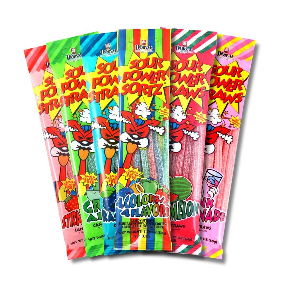 Sour Power Assorted Candy Straws pack shot showing chewy tangy treats for sharing.
