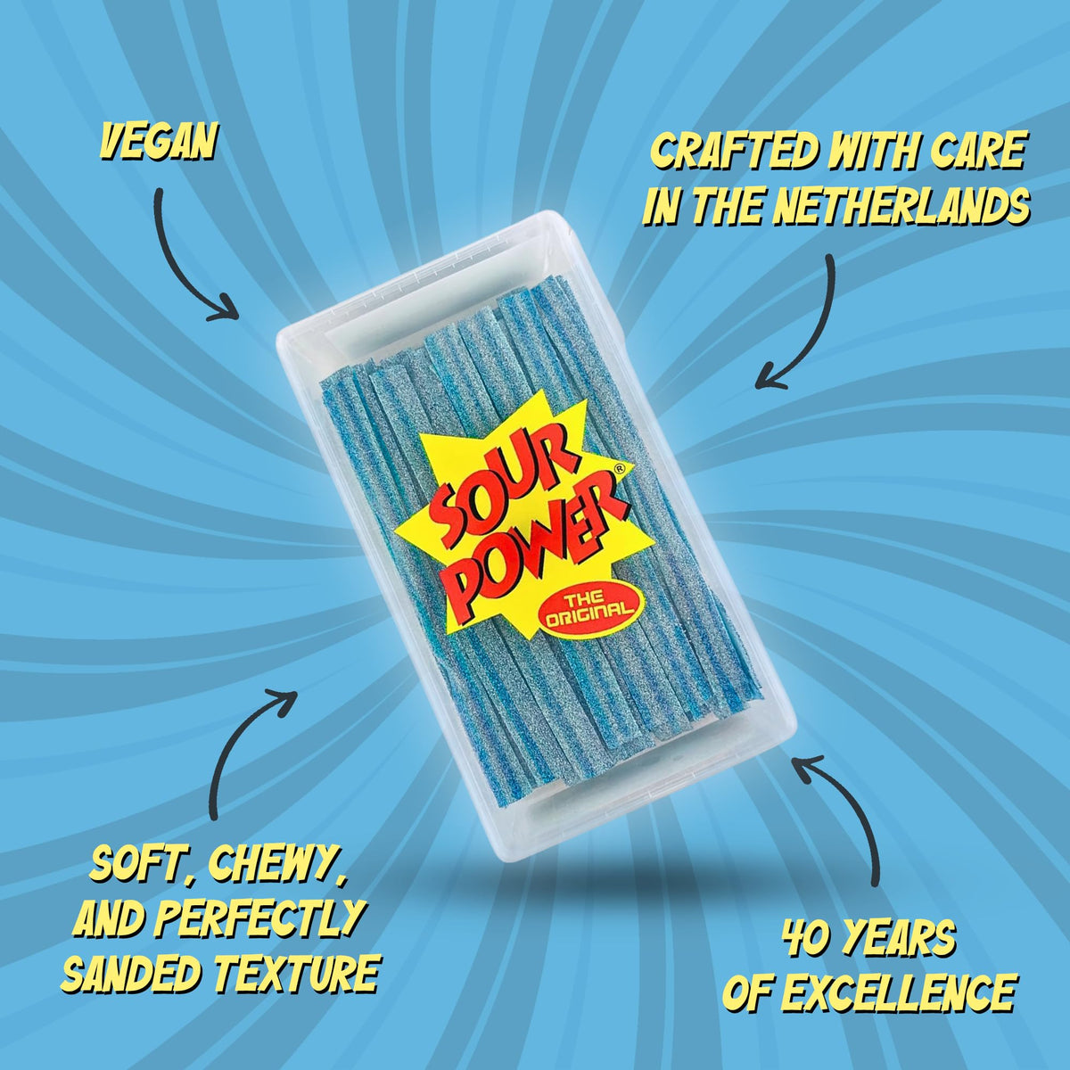Resealable tub keeps Sour Power Belts fresh after opening.