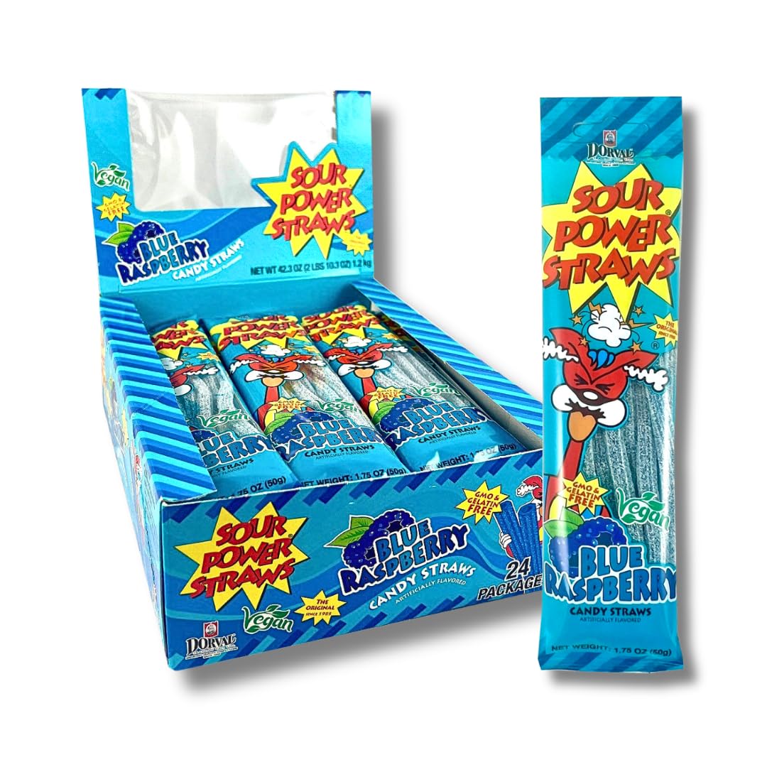 Sour Power Blue Raspberry Candy Straws close-up texture showing tangy, chewy snacking delight.