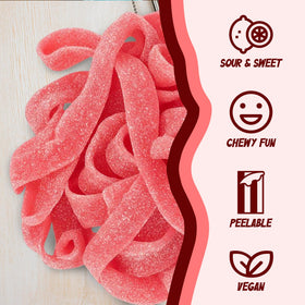 Sour Power candy kabobs and dessert toppers with bright strawberry belts.