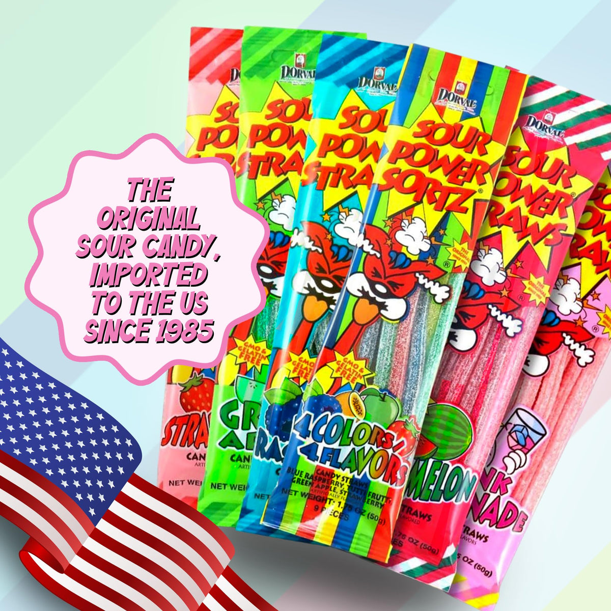 Sour Power Candy Straws Green Apple close-up emphasizes crisp, tart freshness.