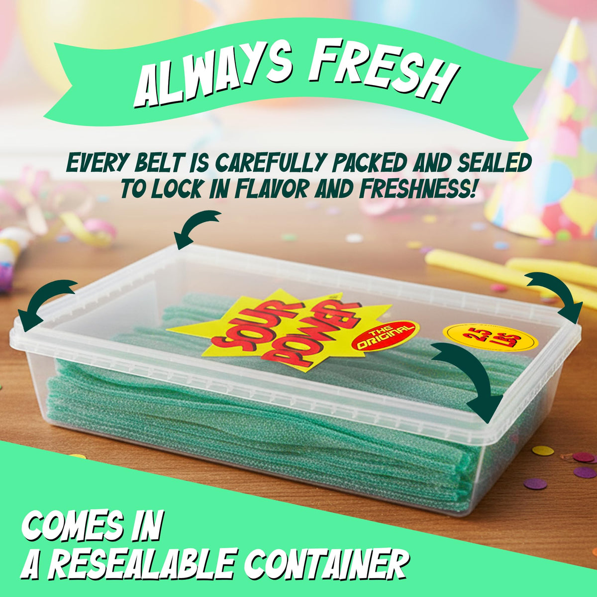 Sour Power Green Apple Belt in tub with resealable lid