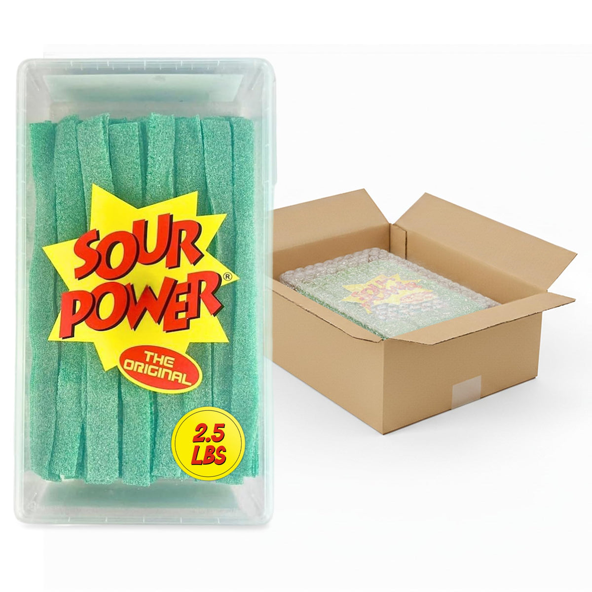 Sour Power Green Apple Belts bulk tub ready for parties and sharing