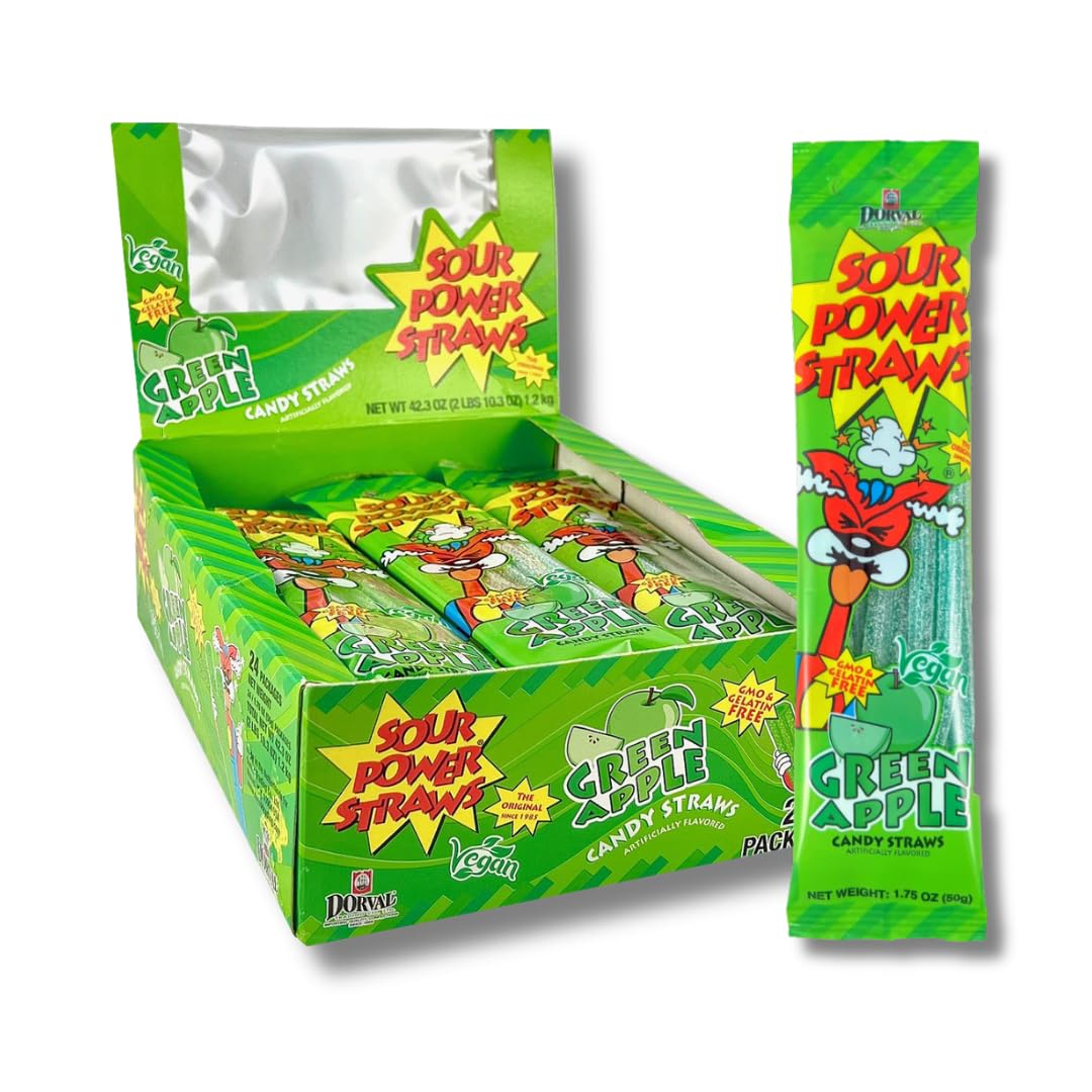 Sour Power Green Apple Candy Straws pack front view showing 24 vegan, non-GMO chewy treats