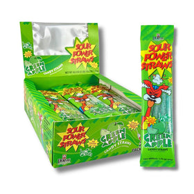 Sour Power Green Apple Candy Straws pack front view showing 24 vegan, non-GMO chewy treats