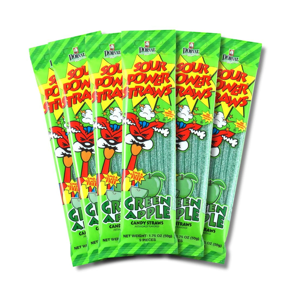 Sour Power Green Apple Straws 6-pack, ideal for sharing.