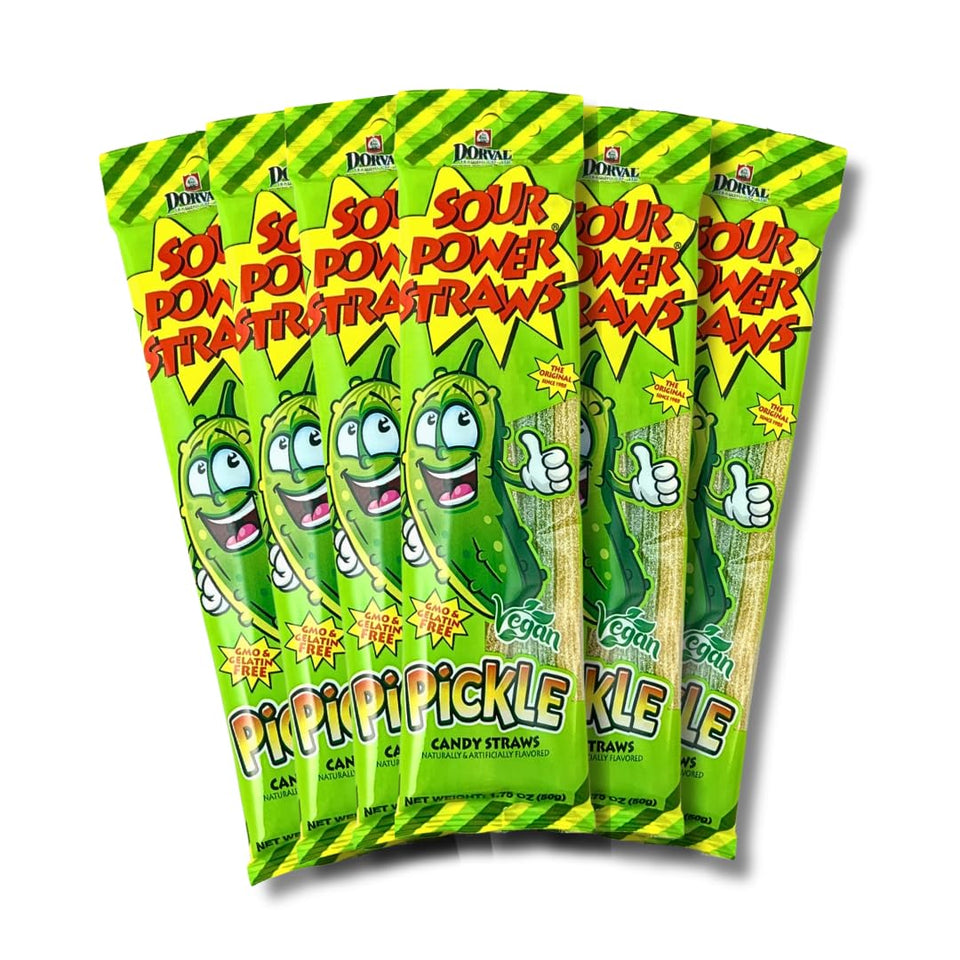 Sour Power Pickle Candy Straws pack shot highlighting tangy pickle flavor and chewy texture