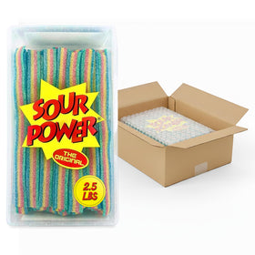 Sour Power Quattro rainbow candy belts bulk tub for party snacking.