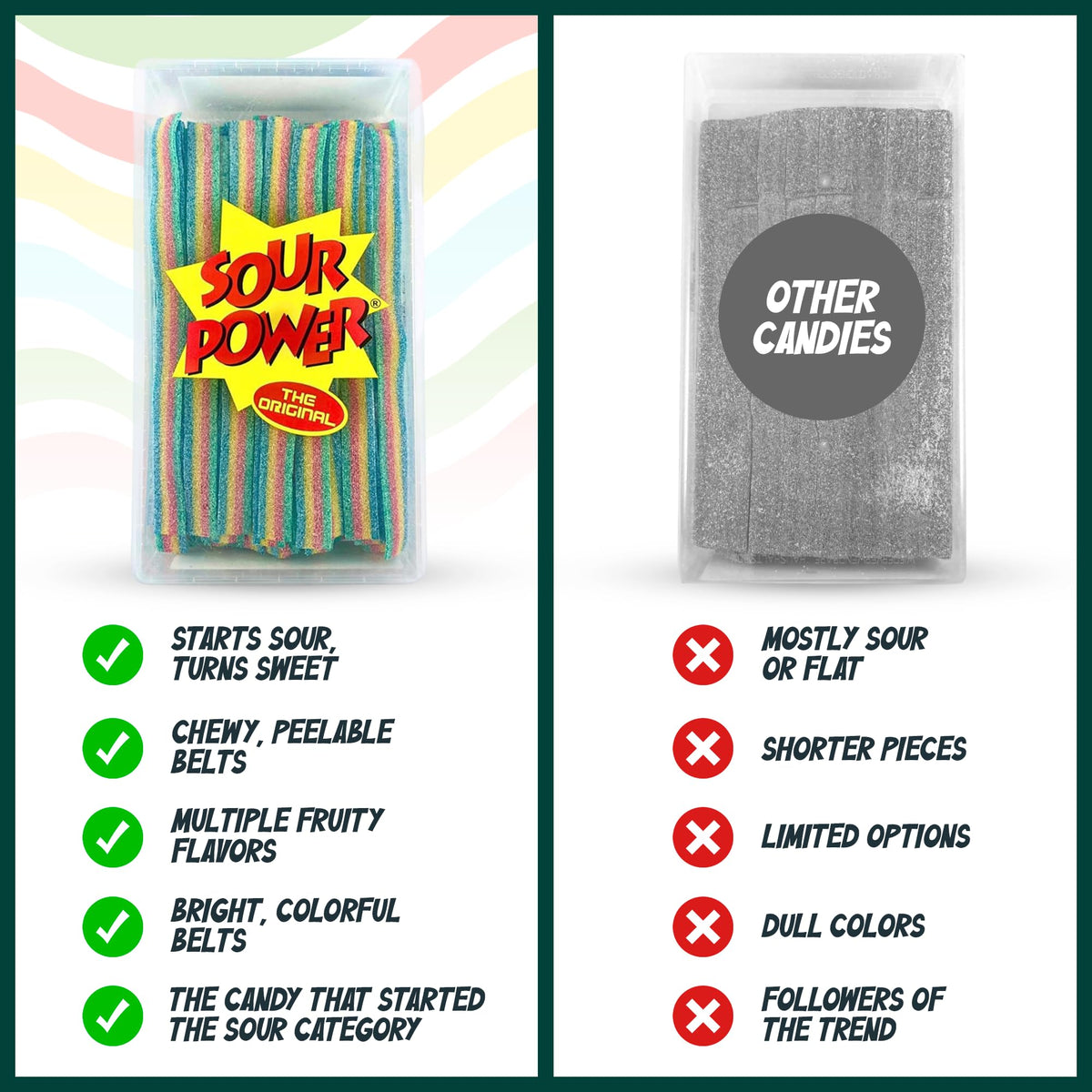 Sour Power Quattro rainbow candy belts four flavors offer bold flavor variety.