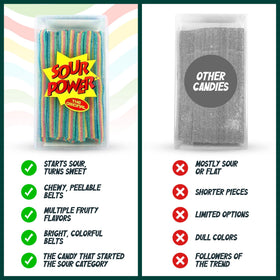 Sour Power Quattro rainbow candy belts four flavors offer bold flavor variety.