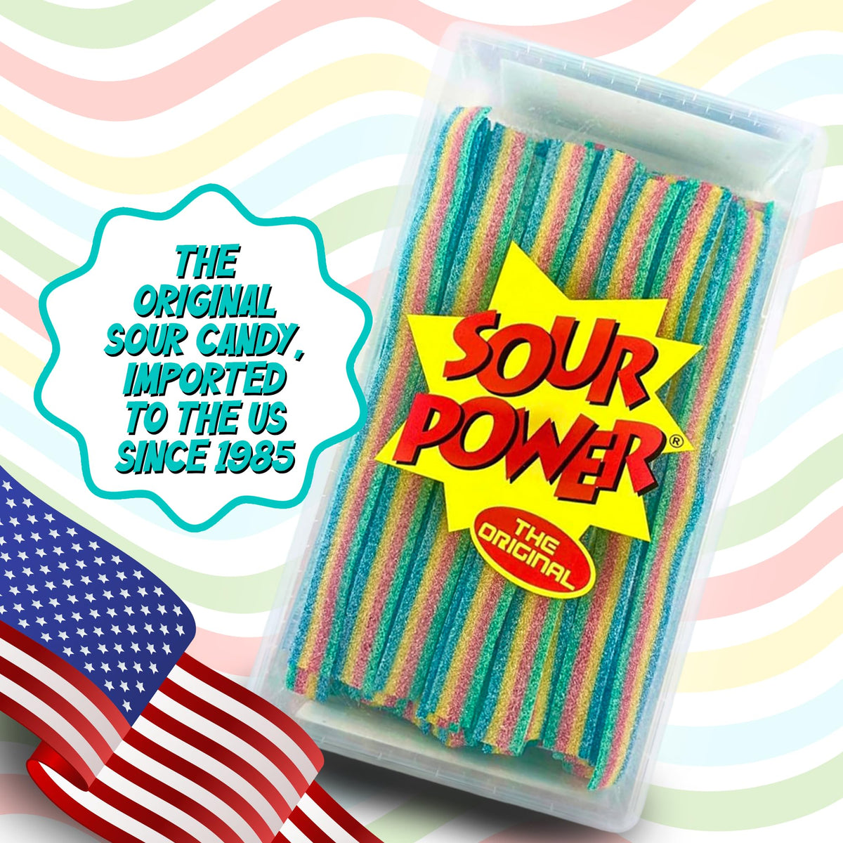 Sour Power Quattro rainbow candy belts peelable and twistable for creative treats.