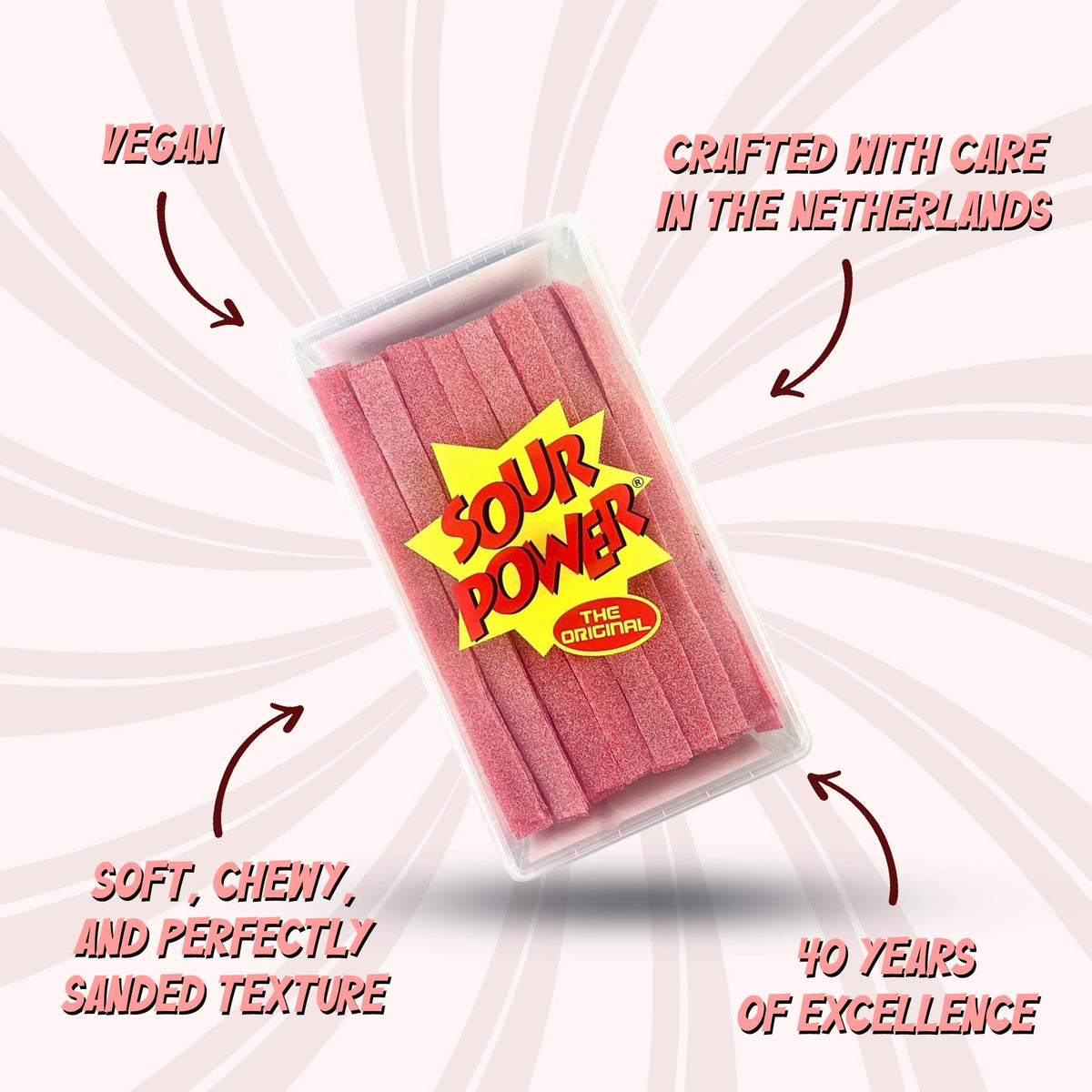 Sour Power resealable tub keeps strawberry belts fresh between servings.