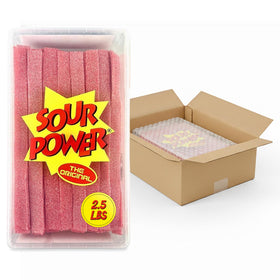 Sour Power strawberry belts bulk tub with tongs for easy sharing.