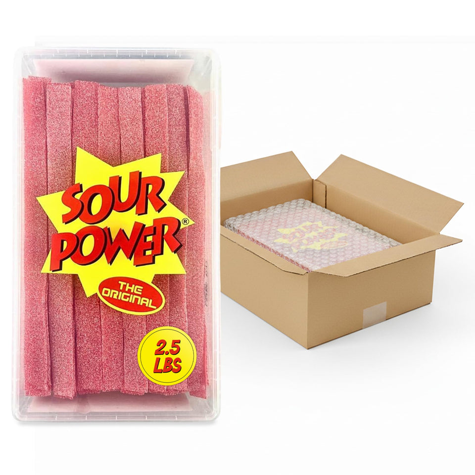 Sour Power strawberry belts bulk tub with tongs for easy sharing.