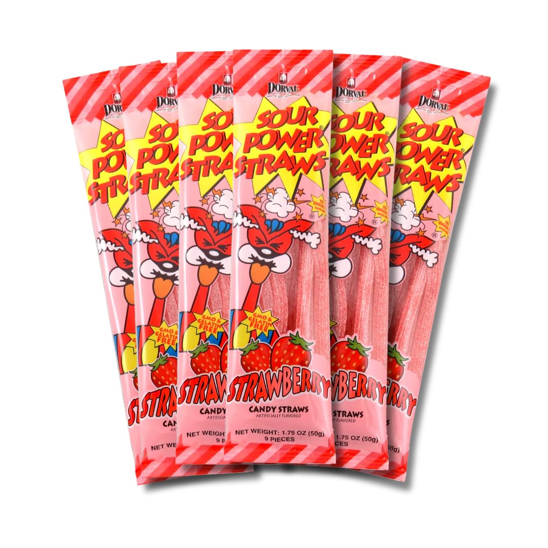 Sour Power Strawberry Candy Straws pack showcases bold sour taste and vegan, non-GMO formula.