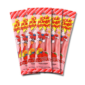 Sour Power Strawberry Candy Straws pack showcases bold sour taste and vegan, non-GMO formula.
