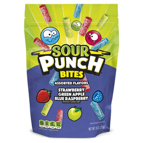 Sour Punch Bites blue raspberry close-up for tangy, fruity snacking on the go.