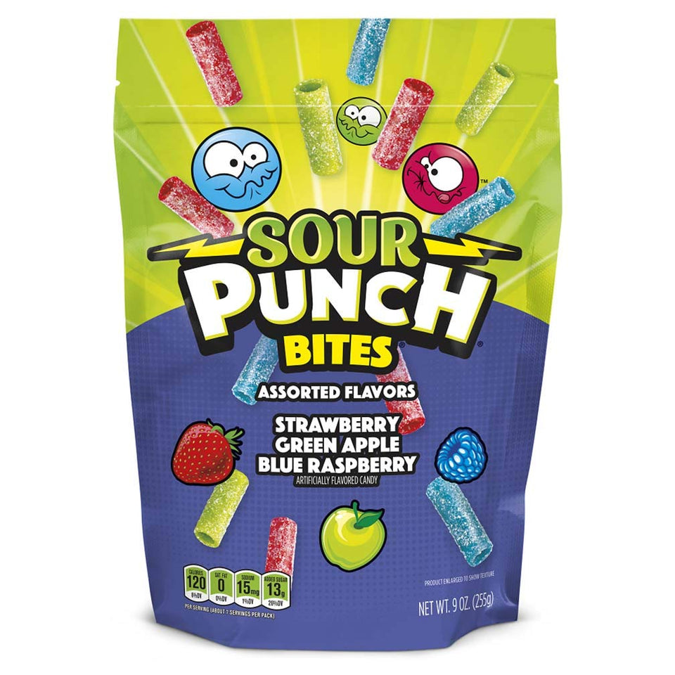 Sour Punch Bites blue raspberry close-up for tangy, fruity snacking on the go.