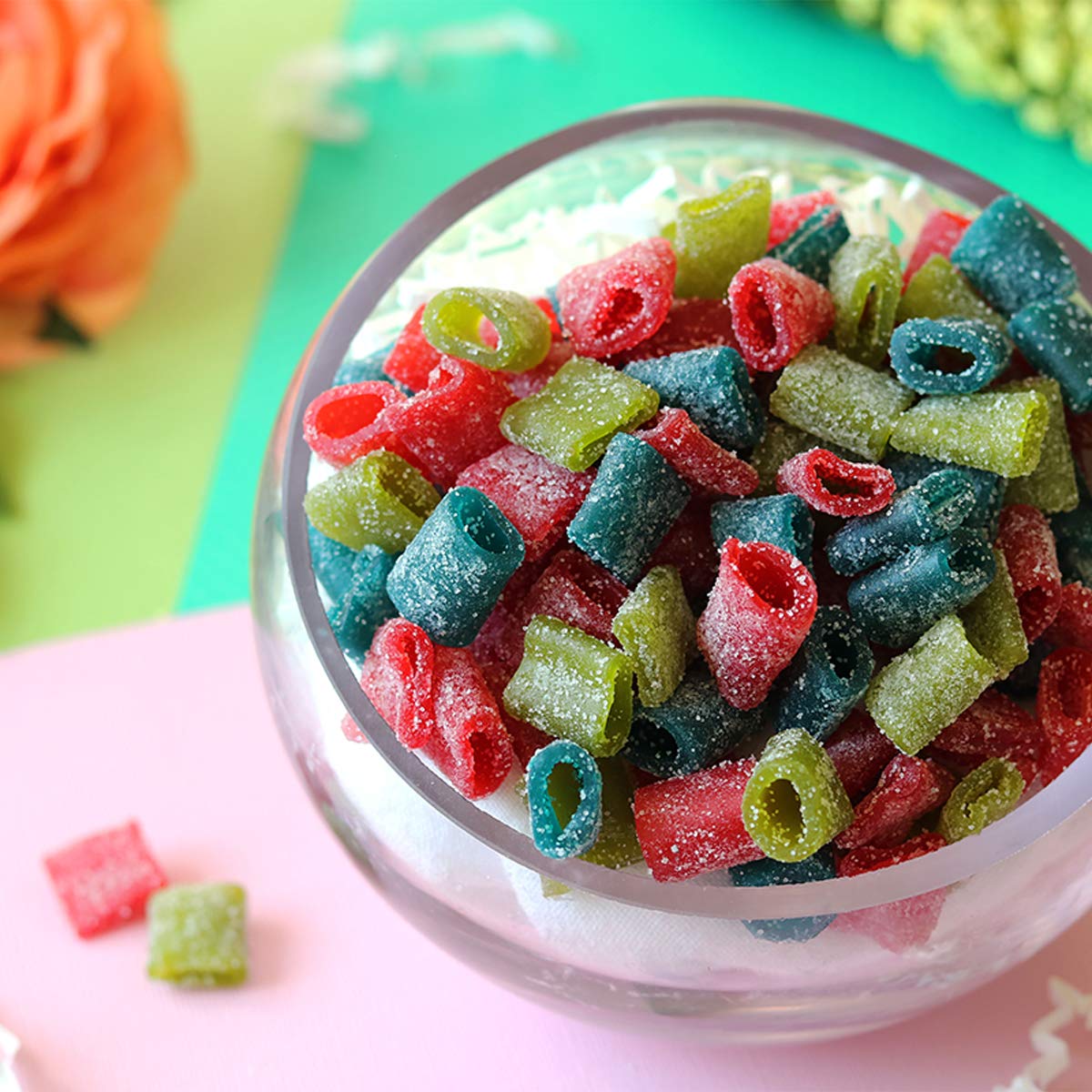 Sour Punch Bites assorted flavors on a plate illustrate mix-and-match options for party snacks.