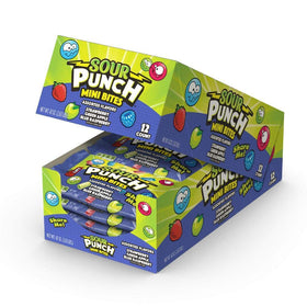 Sour Punch Bites bag shows strawberry, apple, blue raspberry flavors for bold snacking.