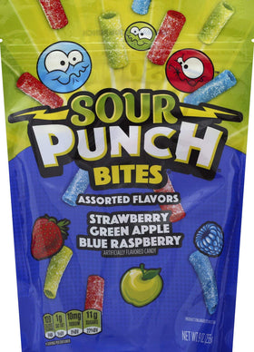 Sour Punch Bites strawberry close-up, vibrant flavor great for sharing with friends.