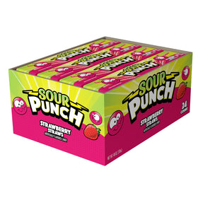 Sour Punch Strawberry Sour Straws tray pack 24 front, convenient sharing snack