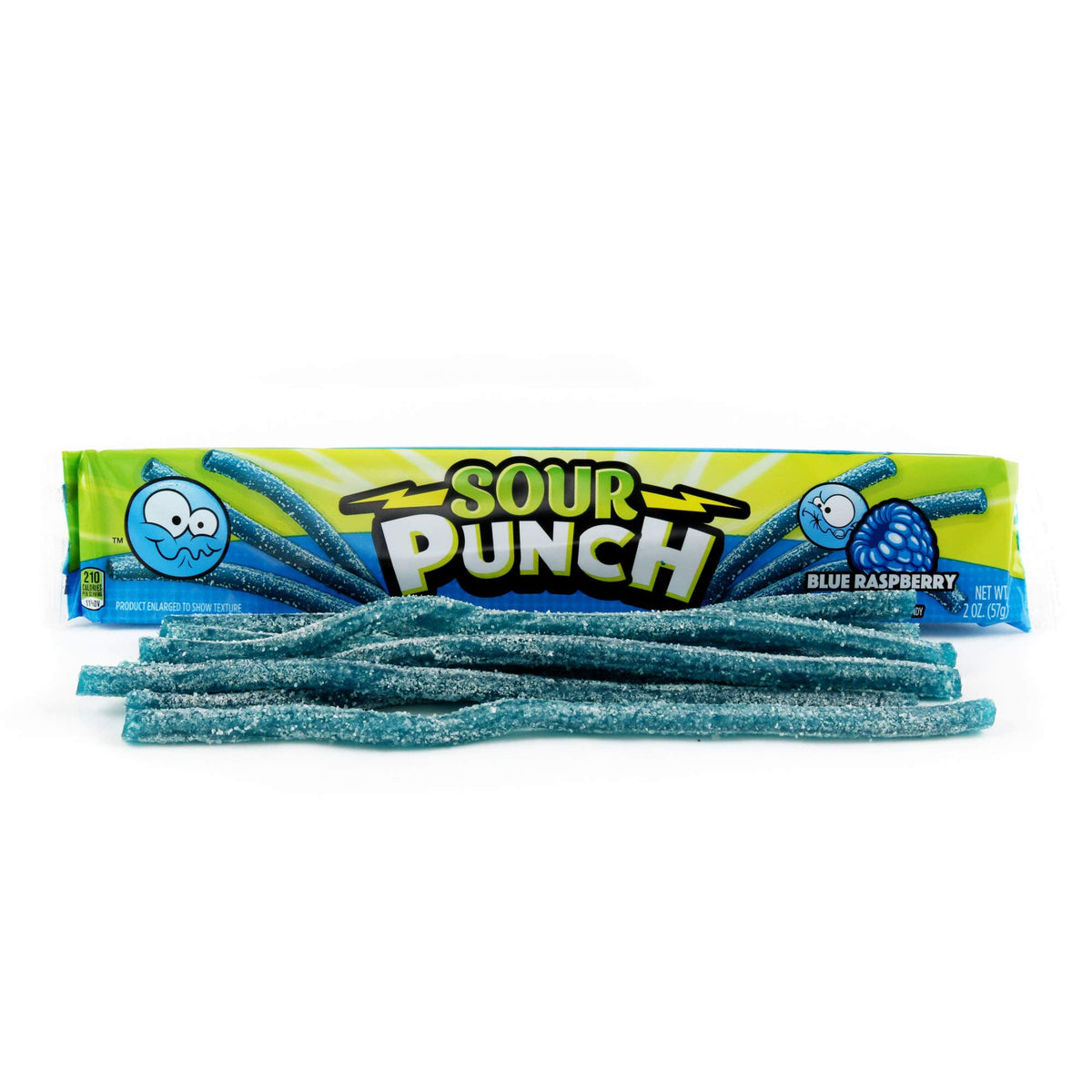 Sour Punch Straws blue raspberry packaging closeup showcases vibrant color and quality.