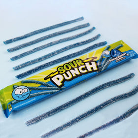Sour Punch Straws blue raspberry sugar coating emphasizes sweet-sour contrast.