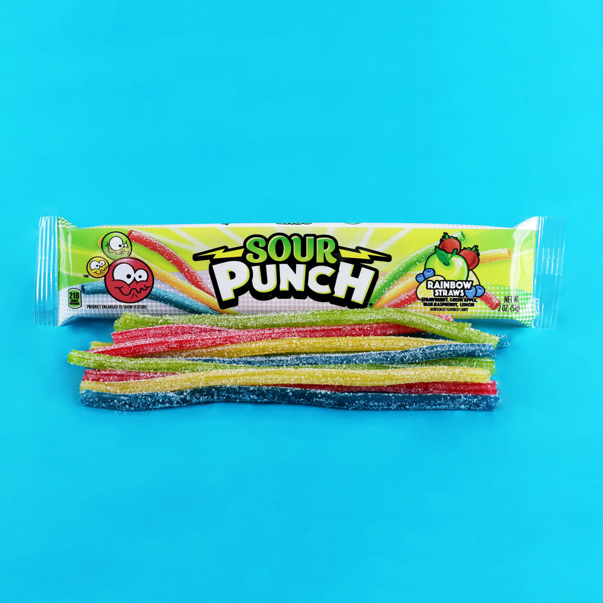 Sour Punch Rainbow Straws tray shows a 2oz portion.