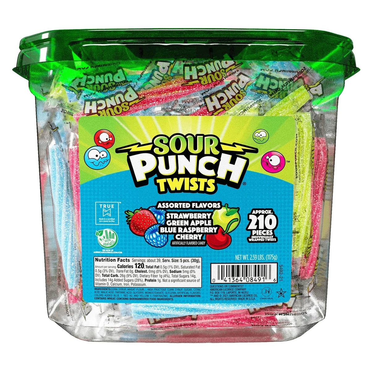 Sour Punch Twists chewy fruit candy with sour coating, ideal for sharing.