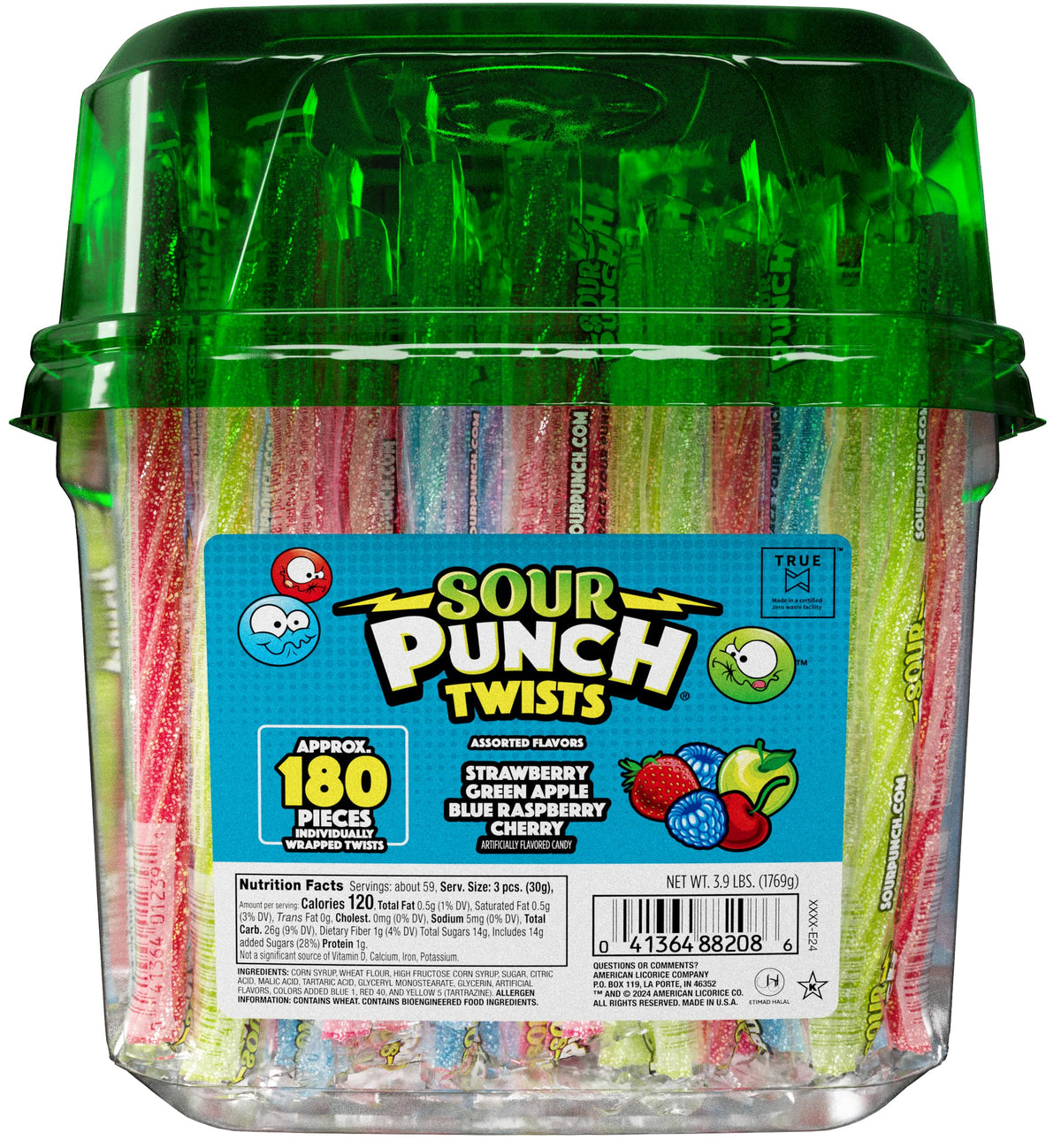 Sour Punch Twists 6-inch candy tub delivers a bold sour-sweet snack.