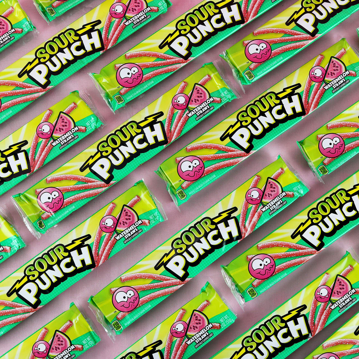 Sour Punch Watermelon Sour Straws colorful candies highlight fun fruit flavor appeal.