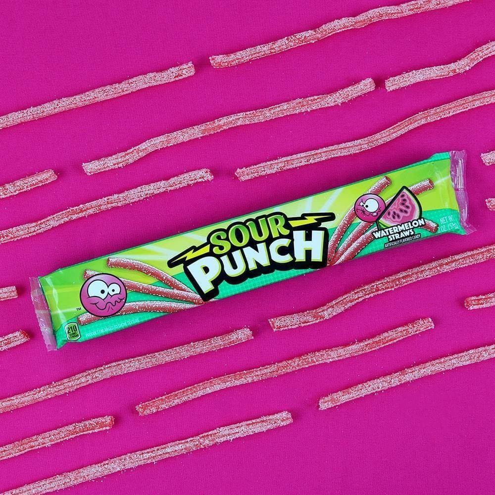 Sour Punch Watermelon Sour Straws soft-chewy texture shown for satisfying snack moments.